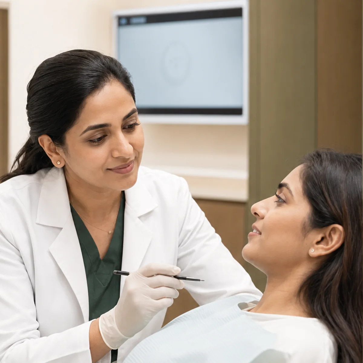 Dentist examining a patient during a dental consultation